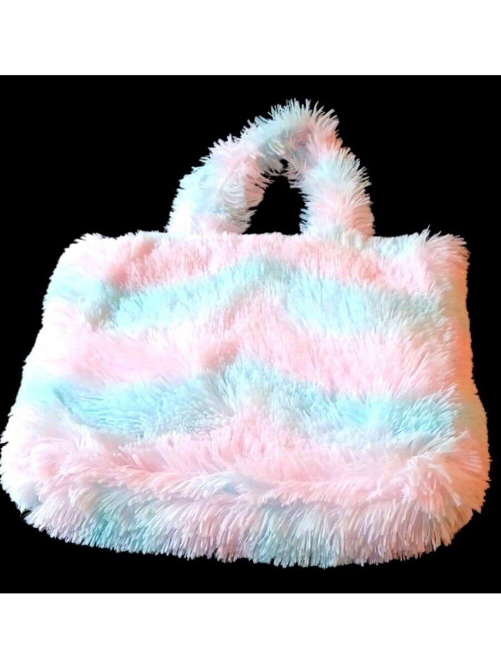 Cynthia Rowley Faux Fur Plush Tote Handbag Pastel Pink Blue Soft Fluffy Bag 18"